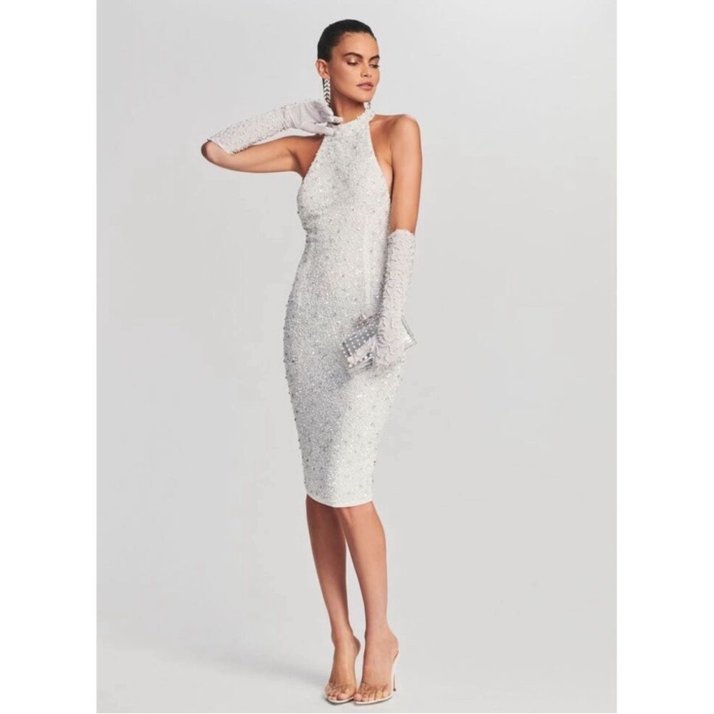 NWT Retrofete Olivia Midi White/Silver Sequin Dress